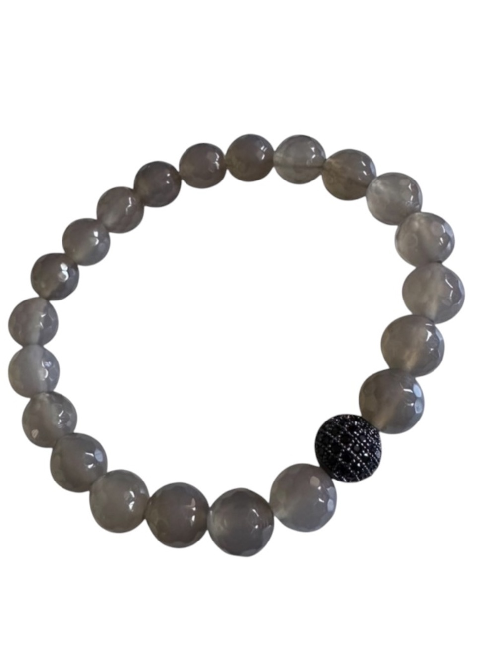 NEW Gray Chalcedony Agate 8mm Beaded Stretch Bracelet Black Pave Spacer